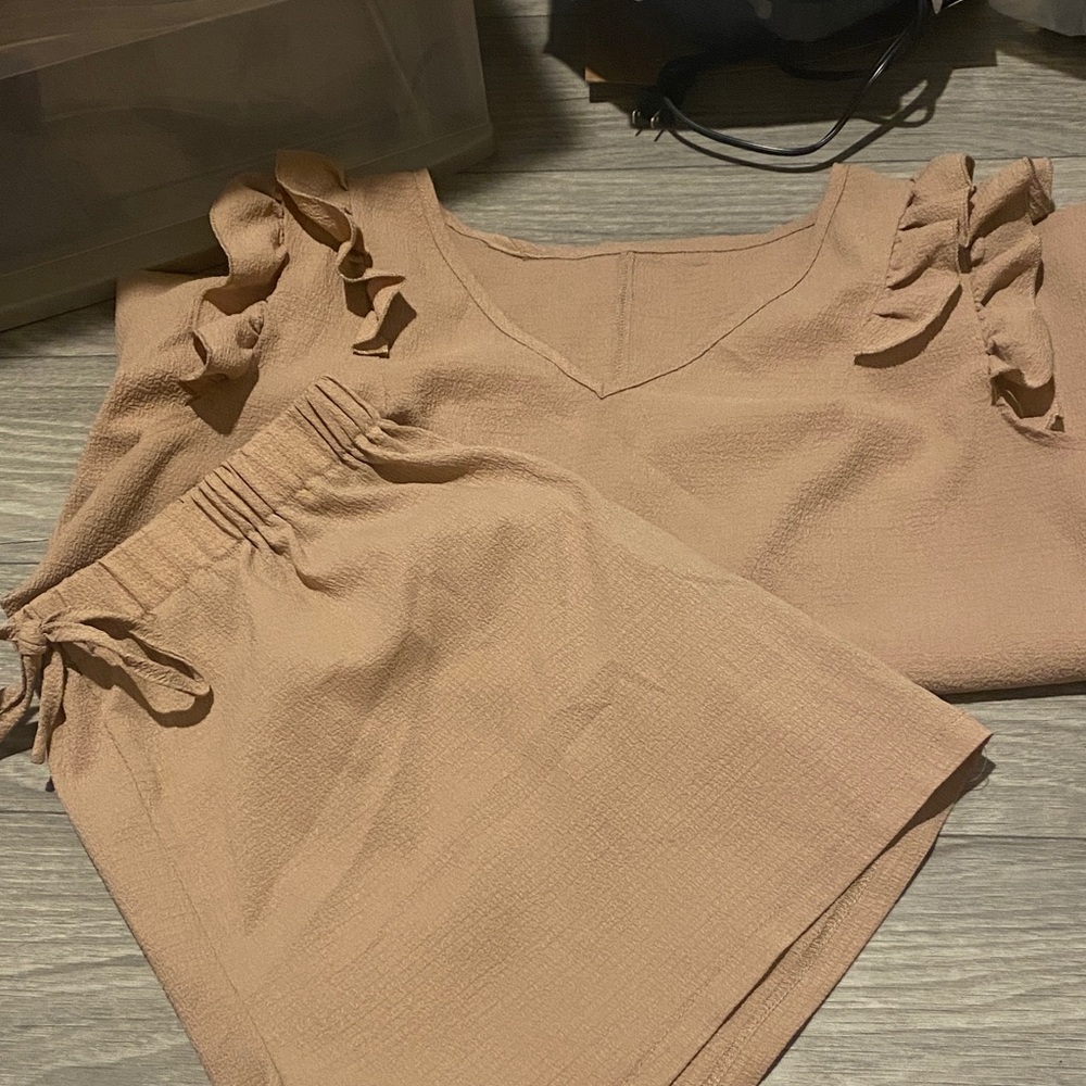 Women's Tan Ruffle Sleeve Top and short set